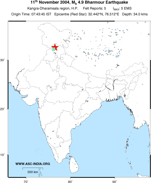 Kangra In India Map Asc:: Felt Map - 11 November 2004, Bharmour-Kangra Valley (Himachal  Pradesh), India, Earthquake